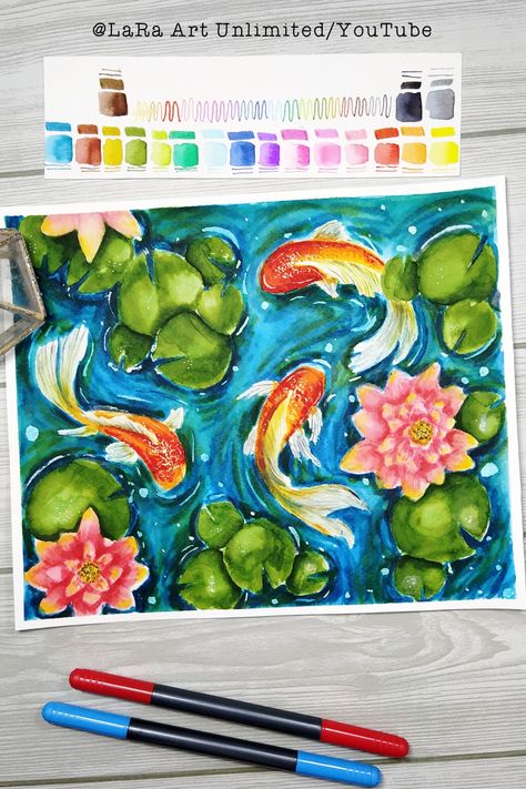 Brush Pen Techniques, Koi Pond Art Simple, Koi Fish Pond Watercolor, Koi Fish Alcohol Markers, Coi Pond Drawing, Koi Fish Pond Painting Watercolor, Brushpen Drawings Ideas, Koi Fish Marker Drawing, Watercolor Brush Pen Art Tutorial