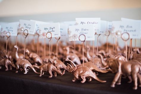 Dinosaur Wedding Theme, Jurassic Wedding, Place Card Holders Diy, Jurassic Park Wedding, Dino Wedding, Dinosaur Wedding, Zoo Wedding, Museum Wedding, Science Museum