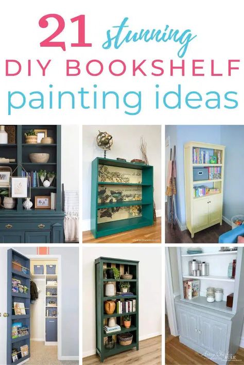 DIY Bookshelf Painting Ideas Bookshelf Makeover Diy Boho, Redoing Bookshelf Diy, Plain Bookshelf Makeover, Redoing A Bookshelf, Bookshelf With Wallpaper Backing Diy, Refurbished Shelf Bookcases, Painting A Bookshelf Ideas, Painting Shelves Ideas Wood, Billy Bookshelf Painted