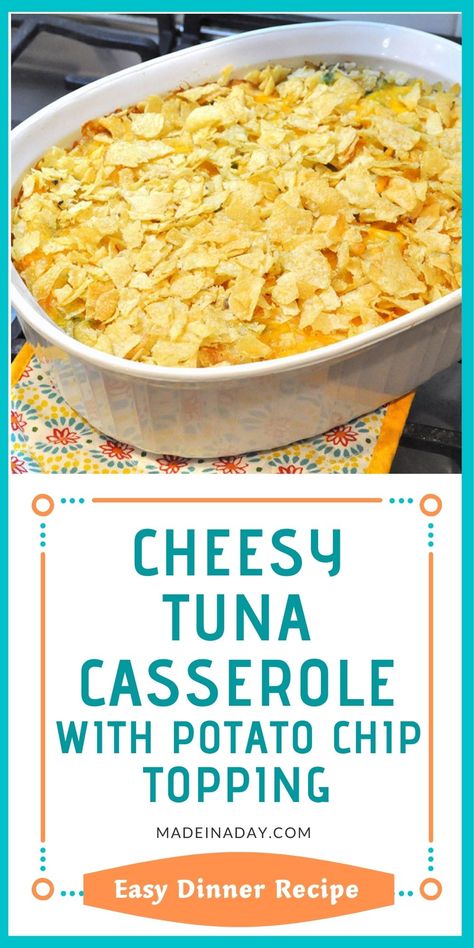 Try our revved-up version of America's old weeknight staple! Our Chessey Tuna Casserole with potato chip topping recipe is one with the crunch kids will beg for. Cheesy Tuna Casserole With Potato Chip Topping Recipe, crunchy tuna noodle casserole Tuna Noodle Cassarole, Cheesy Tuna Casserole, Tuna Noodle Casserole Easy, Best Tuna Casserole, Fish Casserole, Tuna Noodle Casserole Recipe, Tuna Casserole Easy, Tuna Casserole Recipes, Tuna Noodle Casserole