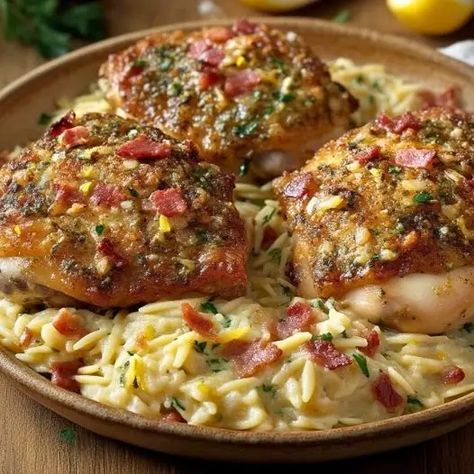 Creamy Lemon Garlic Chicken Thighs with Orzo: A One-Pan Dinner Delight - Greenku Recipes Chicken Thighs And Orzo, Chicken Thighs With Orzo, Creamy Lemon Garlic Chicken, Lemon Garlic Chicken Thighs, Lemon Chicken Thighs, Garlic Chicken Thighs, Italian Baked Chicken, Lemon Garlic Chicken, One Pan Dinner