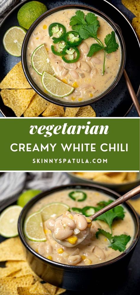 Vegetarian Chicken Chili, White Chili Vegetarian Crock Pot, Mexican White Bean Chili, Vegetarian White Bean Chili Recipe, Vegetarian White Enchiladas, White Bean Chili No Meat, White Chili Recipe Vegetarian, Meatless White Chili, Vegetarian White Chicken Chili