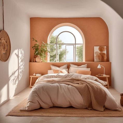 Mediterranean Bedroom, Decor Ideas Bedroom, Warm Bedroom, Bedroom Orange, Bedroom Deco, Spare Bedroom, Decoration Idea, Bedroom Loft, Room Inspiration Bedroom