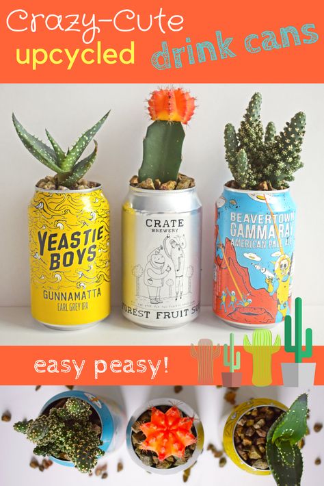 Cans As Planters, Beer Can Flower Vase, Upcycled Beer Cans, Beer Can Planters Diy, Drinks Can Crafts, Reuse Soda Cans, Diy Beer Cans Ideas, Beer Can Flowers, Soda Can Flower Pot