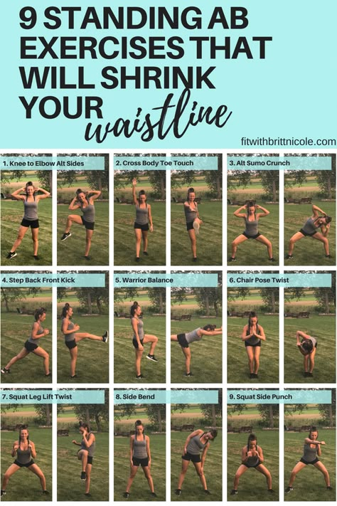 Click to see the full standing ab workout! This is the perfect home workout to strengthen your core if you're short on time! These movements also help to reduce bloating. Standing Ab Exercises | Weight Loss | Gut Health | Ab Workout | Home Workouts for Busy Women #brittanymuchko #holistichealth #abworkout #guthealth Standing Ab Exercises, Standing Abs, Yoga Iyengar, Ab Exercises, Exercise Ideas, Health And Exercise, At Home Workout Plan, Vinyasa Yoga, Pilates Reformer