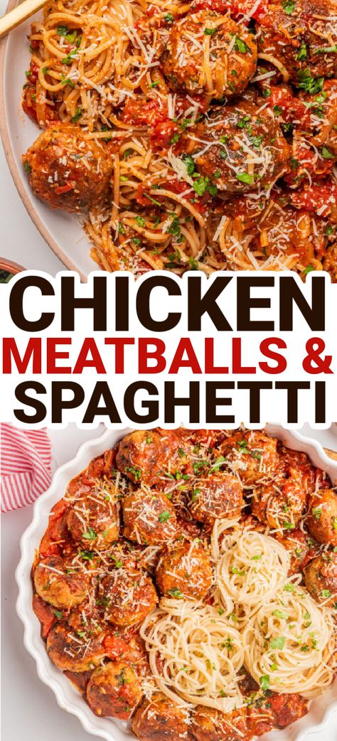 Juicy, crispy on the outside and soft on the inside, chicken meatballs meets spaghetti in a romantic dish! Our easy, make-ahead meatball recipe is so tasty and versatile- perfect for busy nights or for when you want to make an elegant dinner. Chicken Meatballs For Spaghetti, Chicken Meatballs Spaghetti, Chicken Meatball Pasta Recipe, Chicken Meatball Spaghetti, Chicken Meatballs And Spaghetti, Chicken Meatballs Pasta, Chicken Meatball Recipes Easy, Alpha Gal Friendly Recipes, Chicken Meatballs And Pasta