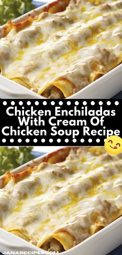 Enjoy a cozy dinner with these easy Chicken Enchiladas, featuring seasoned chicken and a rich cream of chicken soup sauce, baked until bubbly and golden for a delightful family dish. Creamy Chicken Enchiladas Recipe, Creamy Enchilada, Easy Chicken Enchiladas, Easy Chicken Enchilada Recipe, Chicken Enchilada Bake, Dinner Casserole Recipes, Creamy Chicken Enchiladas, Chicken Enchiladas Easy, Family Dishes