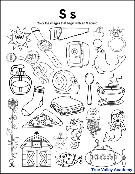 A free printable letter S alphabet coloring page for kindergarten. Students will need to color the images whose initial sound is an /s/ sound. The letter S beginning sound worksheet is free to download and print. Pdf includes answers. Jolly Phonics T Sound Worksheet, Letter Sounds Worksheets Free, Letter T Worksheets Kindergarten, T Worksheet, Letter Sounds Worksheets, Preschool Letter S, Letter T Activities, Letter S Activities, Letter S Worksheets