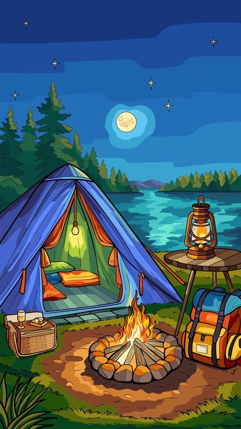 Camping Scene Painting, Camping Sketch Drawings, Campsite Drawing, Camping Paintings, Tent Painting, Campfire Drawing, Tent Drawing, Squishy Ideas, Camping Pictures