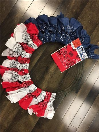 Bandana Flag, Bandana Wreath, American Flag Wreath, Flag Wreath, 4th Of July Crafts, 4th July Crafts, Fourth Of July Decor, Patriotic Crafts, Flag Day