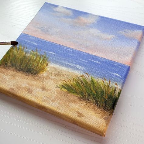 Beach Sand Paint, Beach Drawing Acrylic, Beach Paintings Aesthetic, Sand Painting Art Ideas, How To Paint Beach Sand, Beach Grass Painting, Sand Painting Ideas, Small Beach Paintings, Acrylic Sand Painting