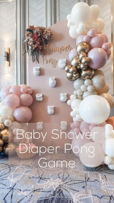 Nappy Pong, Diaper Ping Pong Game, Diaper Pong Board, Baby Girl Shower Ideas Theme, Diaper Shower Ideas, Fall Baby Shower Ideas Girl, Diaper Pong Baby Shower Game, Diy Baby Shower Backdrop, Diaper Pong