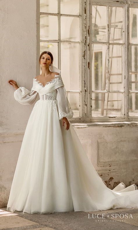 Buy Wedding Dress, White Wedding Dress, Dream Wedding Ideas Dresses, فستان سهرة, Sleeve Wedding Dress, Chapel Train, Bishop Sleeve, Surplice Neckline, Prom Dresses Ball Gown