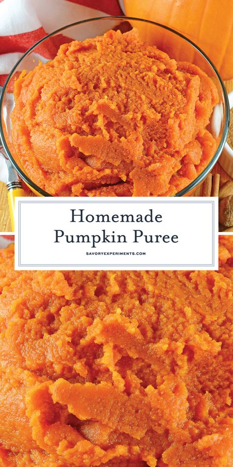 Make some Homemade Pumpkin Puree using one ingredient: pumpkin! Learn about the pie pumpkin and find pumpkin recipes to use your pumpkin puree in! #pumpkinpureerecipes #howtomakepumpkinpuree www.savoryexperiments.com Making Pumpkin Puree, Make Pumpkin Puree, Pumpkin Puree Recipes, Bread Healthy, Pumpkin Loaf, Recipe Pumpkin, Pie Pumpkin, Homemade Pumpkin Pie, Homemade Pumpkin Puree