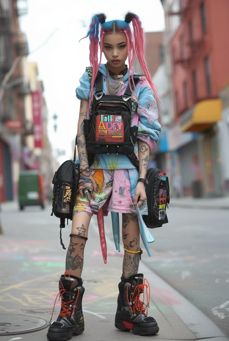 Character Design Streetwear, Cyberpunk Outfit Colorful, Swag Poses, Artsy Street Style, Cyberpunk Aesthetic Fashion, Racer Outfit, Cyberpunk Streetwear, Street Fashion Photoshoot, Cyberpunk Outfit