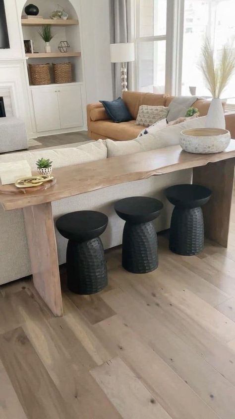 Console Table Stools Under, Console Table With Stools Underneath, Console Table Stools, Living Room With Console Table, Ottoman Under Console Table, Ikea Console Table Hack, Snack Bar Design, Bar Behind Couch, Console Table With Stools