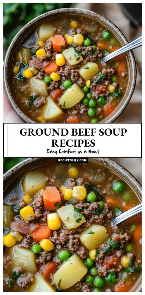 Looking for a comforting dish to warm your soul? This hearty ground beef soup is packed with fresh veggies like carrots, potatoes, and peas, simmered to perfection in a savory broth. It's a simple, satisfying recipe that's perfect for chilly nights or family gatherings. Get ready for an easy comfort meal right in your bowl! Soups With Ground Beef, Soup With Beef Broth, Ground Beef Soup Recipes, Ground Beef Soup, Potatoes And Peas, Ground Beef And Potatoes, Healthy Ground Beef, Soup With Ground Beef, Carrots Potatoes