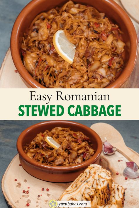 Make a traditional Romanian vegan stewed cabbage which is known to be slimming - suitable for keto diets too. Our cabbage recipe is super easy and 100% vegan too. #cabbage #slimming #romanian #stewed #tasty #vegan Stewed Cabbage Recipes, European Vegetable Dishes, Vegan Balkan Recipes, Cabbage Recipe Vegan, Cabbage Tomato Recipe, Breakfast Cabbage, Romanian Food Traditional, Cabbage Vegan, Stewed Cabbage