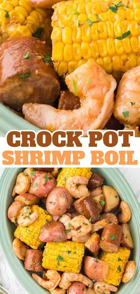 Seafood Recipes In Crockpot, Crock Pot Seafood Boil, Shrimp Corn Sausage Potatoes Boil, Crockpot Boil, Crock Pot Shrimp Boil, Seafood Boil Crockpot, Slow Cooker Shrimp Recipes, Shrimp Boil Side Dishes, Crockpot Recipes Shrimp