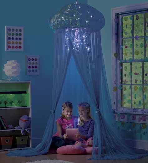 Aquaglow Light-Up Jellyfish Hideaway tent reading nook from Hearth Song Sea Theme Bedrooms, Under The Sea Bedroom, Under The Sea Room, Underwater Bedroom, Sea Bedrooms, Ocean Bedroom, Mermaid Bedroom, Ocean Room, Mermaid Nursery