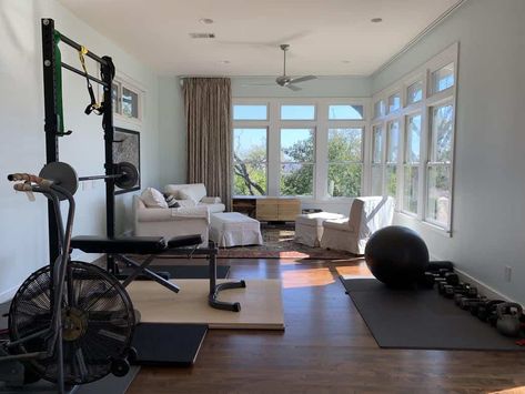 8 Awesome DIY Reader Home Gyms To Inspire You... And Us! - Emily Henderson Home Gym And Living Room Combo, Gym Living Room Combo, Gym Guest Room Combo, Living Room Gym Combo, Gym In Living Room, Home Gym Guest Room Combo, Gym And Guest Room Combo, Gym Guest Room, Small Home Gym Design