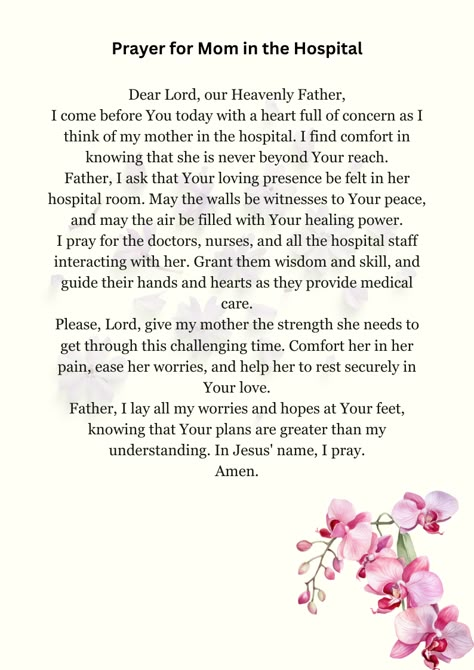 When your mom is in the hospital, it's hard to know what to say. Find comfort and strength through prayer. This 'Prayer for Mom in the Hospital' will help you ask for Divine guidance and healing. 🙏 #PrayerForMomInTheHospital Hospital Prayers Quote, Healing Prayer For My Sick Mother, Prayers For Sick Mother, Prayers For Mom In Hospital, Prayers For Someone In The Hospital, Prayer For Moms Health, Prayers For Health And Healing For Mom, Hospital Quotes Strength, Prayer For Sick Family Member