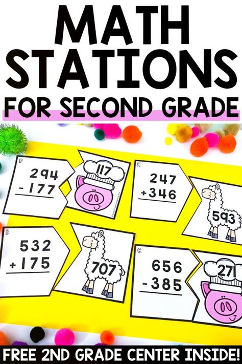 Take the hard work out of finding second grade math centers today! Check out these easy to prep math stations for 2nd grade. Get quality math centers with lesson ideas to incorporate them into your math lesson. These activities are engaging and interactive to keep your students learning. Use them for guided math rotations or early finishers. Plus, get a FREE math center to use today! Read more here! Centers For Second Grade, Guided Math Rotations, 2nd Grade Math Centers, Third Grade Math Centers, 2nd Grade Math Games, Free Math Centers, Guided Math Centers, Math Folders, Teaching 2nd Grade