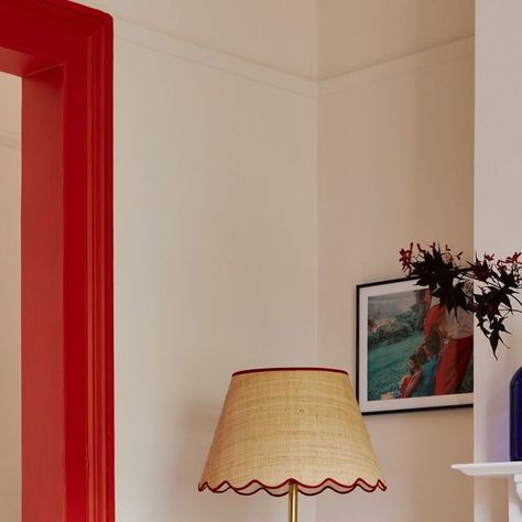 Contrasting Door Frames, Room Trim Color Ideas, Red Utility Room, Red Trim Interior, Red Skirting Boards, Red Toned Wood Trim, Colours That Go With Red, Red Interior Doors, Red Details Interior