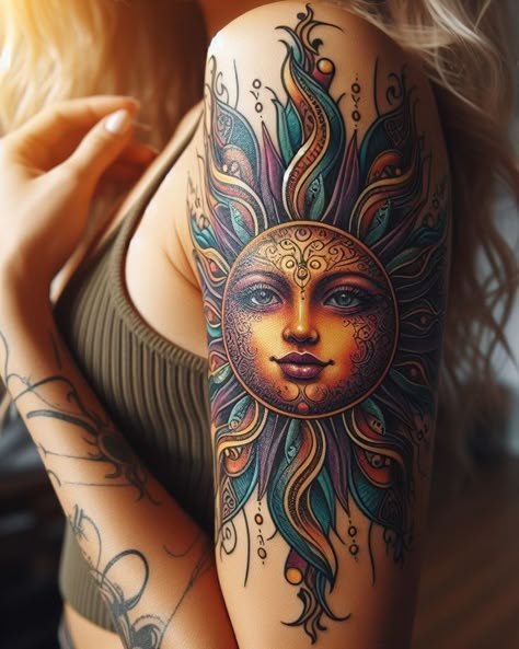 Men’s Tatoos Ideas Arm, Sleeve Cover Up Tattoos For Women, Sweet Tattoos For Women, Feminine Sun Tattoo, Colorful Sun Tattoo, Sun Tattoo Designs For Women Beautiful, Cover Up Tattoo Designs For Women, Sun Tattoos For Women, Bohemian Tattoo Sleeve