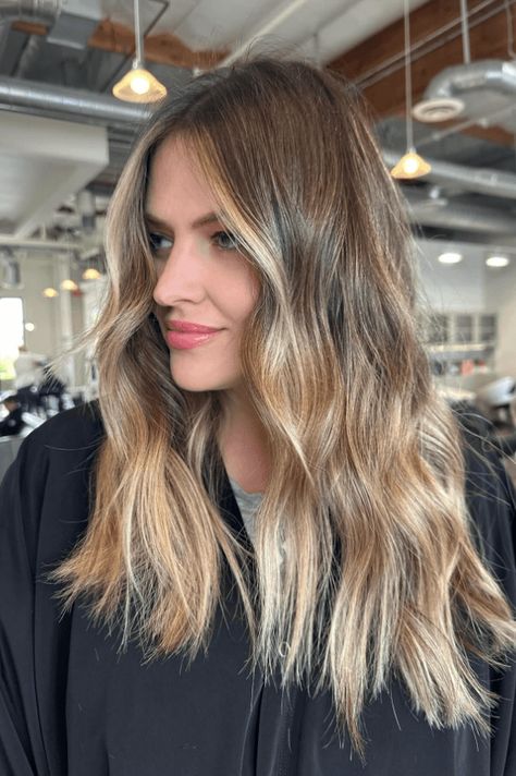 hair color, latte locks, radiant look Latte Hair Color, Brunette Hair Shades, Latte Hair, Texture Combination, Subtle Blonde Highlights, Look And Find, Warm Brunette, Wavy Layers, Golden Highlights