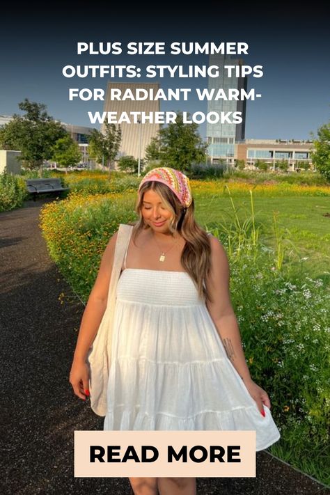 Woman in a white summer dress and colorful headband standing in a sunlit field with text overlay "Plus Size Summer Outfits: Styling Tips for Radiant Warm-Weather Looks" and a call-to-action "Read More". Empire Maxi Dress, Short Maxi Dress, Floral Halter Top, Black Tube Top, Plus Size Summer Outfits, Summer Wardrobe Essentials, Outfits Styling, Ankle Length Skirt, Halter Romper