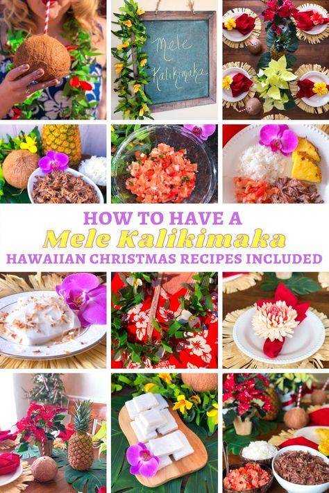 Transport yourself to the islands with a Hawaiian Christmas dinner! Hawaii Christmas Party Ideas, Hawaii Christmas Party Food, Hawaiian Christmas Dinner Ideas, Tropical Christmas Dinner, Hawaiian Luau Christmas Party, Hawaii Christmas Party, Hawaiian Christmas Traditions, Christmas In Hawaii Party, Hawaiian Christmas Theme