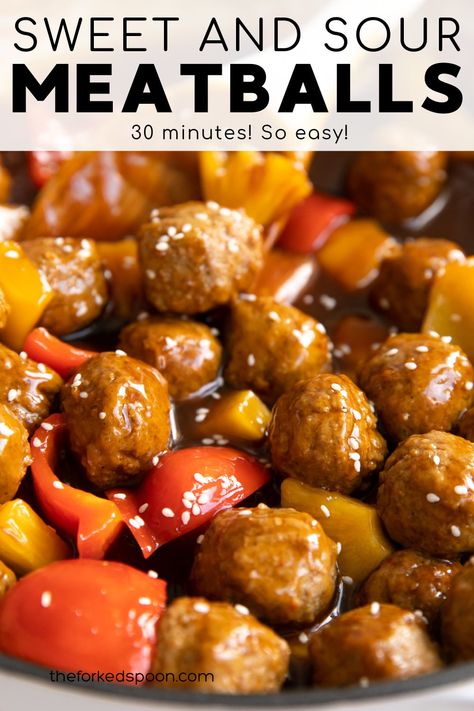 This easy Sweet and Sour Meatballs Recipe is made with frozen meatballs, juicy pineapple chunks, and sweet bell peppers in a mouthwatering homemade sweet and sour sauce. Serve with rice or noodles for a delicious dinner the whole family will love! Easy Sweet And Sour Meatballs, Sweet And Sour Meatballs Recipe, Weight Watchers Lasagna, Homemade Sweet And Sour Sauce, Pineapple Meatballs, Frozen Meatball Recipes, Hamburger Dishes, Meatball Sauce, Sweet And Sour Meatballs