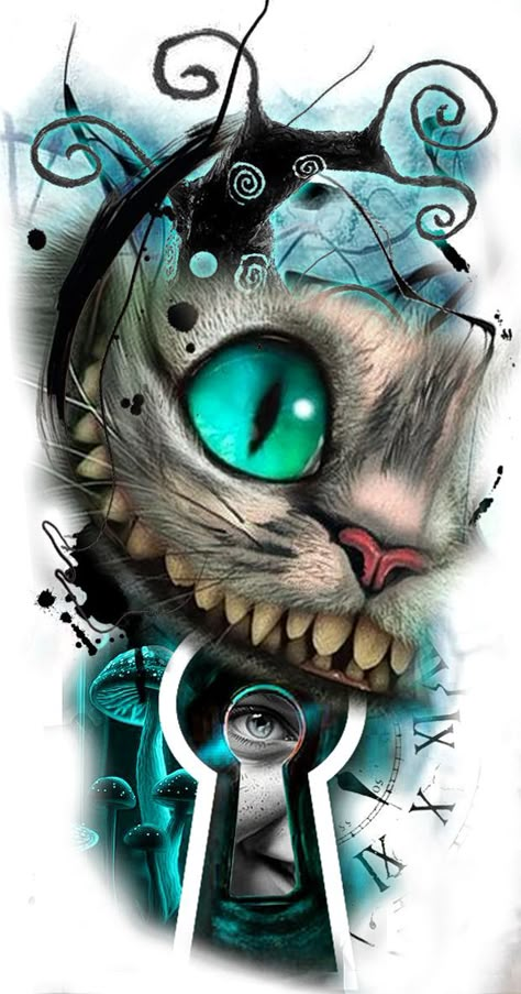 Alice In Wonderland Tattoo Sleeve, Cheshire Cat Drawing, Tattoo Gato, Cheshire Cat Tattoo, Alice In Wonderland Tattoo, Alice And Wonderland Tattoos, Tiki Tattoo, Alice In Wonderland Artwork, Dreamcatcher Design