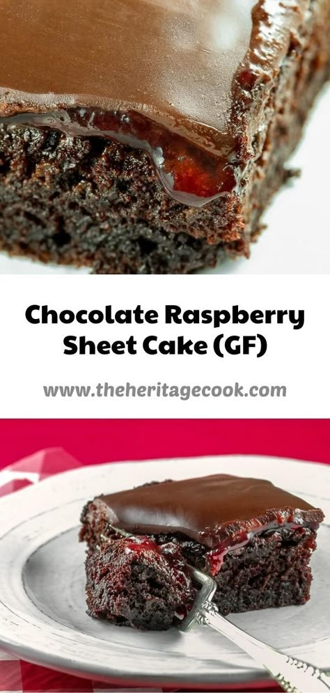 Chocolate Ganache Cake With Raspberries, Gf Birthday Dessert, Gf Sheet Cake, Raspberry Chocolate Cake Recipe, Chocolate Raspberry Sheet Cake, Vanilla Raspberry Sheet Cake, Chocolate Cake With Raspberry Sauce, Gluten Free Chocolate Raspberry Cake, Chocolate Raspberry Cake Easy