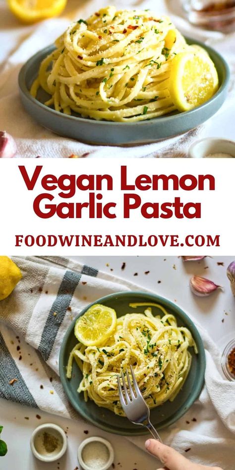 Vegan Lemon Garlic Pasta, delicious creamy  one pan version of Pasta al Limone made  with Linguine and fresh lemons. Vegan Lemon Garlic Pasta, Pasta With Lemon Sauce, Vegan Veggie Burger, Veggie Burger Recipes, Lemon Pasta Recipes, Garlic Pasta Sauce, Creamy Garlic Pasta, Lemon Garlic Pasta, Recipes By Ingredients