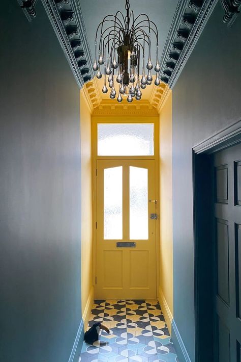 Yellow Hallway, Bright Hallway, Hallway Paint, Hallway Colours, Narrow Entryway, Maximalist Interior, Yellow Door, Small Entryways, Yellow Doors