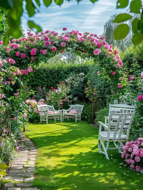 Vegetables Garden Aesthetic, Gardening Flowers Aesthetic, Rose Garden Backyard, Small Yard Flower Garden Ideas, Backyard Rose Garden, Chair In Garden, Home Garden Flowers, Backyard Flower Garden, Spring Backyard