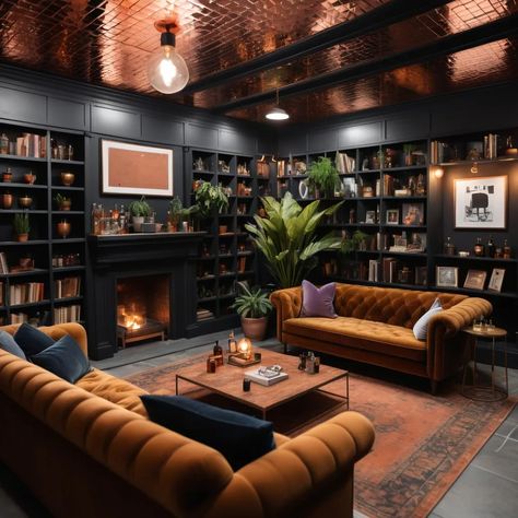 Build me a moody decor whisky basement with copper c... Built In Whiskey Cabinet, Moody Basement No Windows, Speakeasy Library Room Ideas, Whiskey Office Man Cave, Speakeasy Library Bar, Masculine Whiskey Room, Basement Remodel Moody, Jewel Tone Basement, Moody Speakeasy Basement