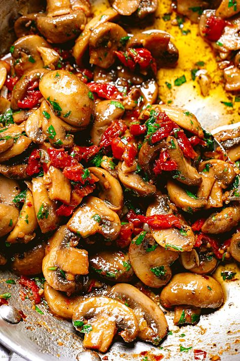 Garlic mushrooms - #mushroom #garlic. #recipe #eatwell101 - Incredible flavor twist! The herb garlic and sun-dried tomato butter sauce is so good, you’ll be serving these garlic mushrooms with everything! - #recipe by #eatwell101® Sundried Tomato Vegetarian Recipes, Mushrooms And Tomatoes Recipes, Banting Vegetable Recipes, Dishes With Sun Dried Tomatoes, Mushroom Tapas Recipe, Chicken Mushroom Sundried Tomato Recipes, Healthy Recipes With Sun Dried Tomatoes, What To Do With Sun Dried Tomatoes, What To Make With Sun Dried Tomatoes