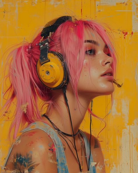 Profile Picture Ideas Creative Portrait Photography, Cool Drawing Reference Photos, Woman With Headphones, Woman With Pink Hair, Traditional Tattoo Designs, Never Judge, Face Drawing Reference, Colorful Portrait, American Traditional Tattoo