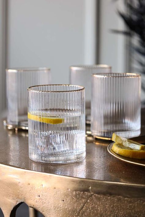 Gold Rim Glassware, Ribbed Water Glasses, Interiors Aesthetic, Retro Glassware, Whiskey Tumbler, Rockett St George, Whisky Glass, Quirky Home, Drinks Cabinet