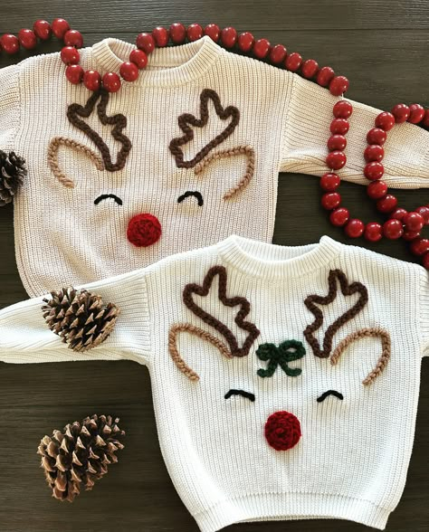 Embroider Baby Sweater, Christmas Embroidered Sweater, Embroidered Sweater Diy, Toddler Christmas Sweater, Embroidered Sweatshirt Diy, Embroidery Sweater Diy, Embroidery Sweaters, Hand Embroidered Sweater, Best Ugly Christmas Sweaters