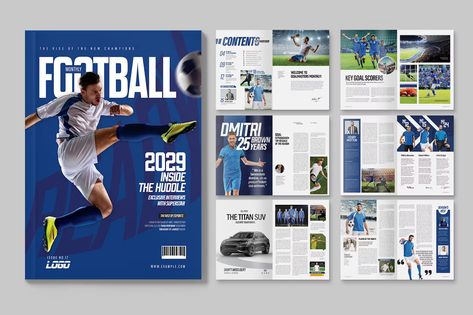 Football Magazine Template, Print Templates ft. football & college - Envato Elements Football Magazine Design, Magazine Sport Design, College Magazine Cover Design, Sports Magazine Layout Design, Sport Magazine Design, Sports Magazine Layout, F1 Magazine, Sports Magazine Design, Magazine Elements