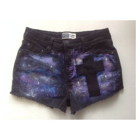 Hand painted nebula galaxy cross shorts high waisted soft grunge... ❤ liked on Polyvore featuring shorts, hipster high waisted shorts, cutoff shorts, grunge shorts, highwaist shorts and high waisted shorts Grunge Diy, Wardrobe Necessities, Galaxy Cross, Galaxy Shorts, Grunge Shorts, Checkered Shorts, Nebula Galaxy, Colour Splash, Style Evolution