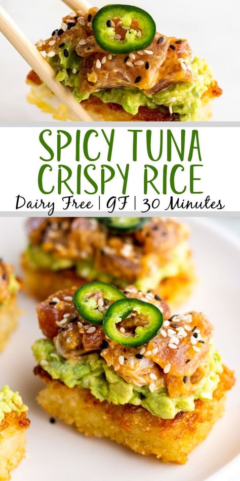 Dairy Free Tuna Recipes, Dairy Free Appetizer, Spicy Tuna Crispy Rice, Low Cal Dinners, Tuna Crispy Rice, Whole 30 Approved Foods, Healthy Grains Recipes, Easy Tuna Recipes, Amanda Nighbert