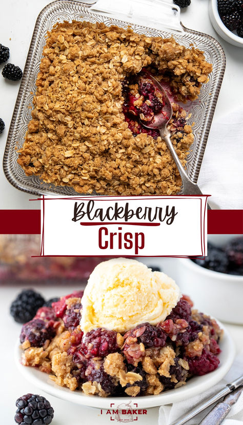 one image shows blackberry crisp in a glass dish on a white countertop with a silver spoon. The second image shows a scoop of blackberry crisp on a small white plate with a scoop of ice cream on top. Easy Blackberry Crisp, Blackberry Crisp Recipe, Food Ideas Sweet, Day Party Food Ideas, Blackberry Crisp, Easy Impressive Dessert, Blackberry Dessert, Crisp Desserts, Farmhouse Recipes