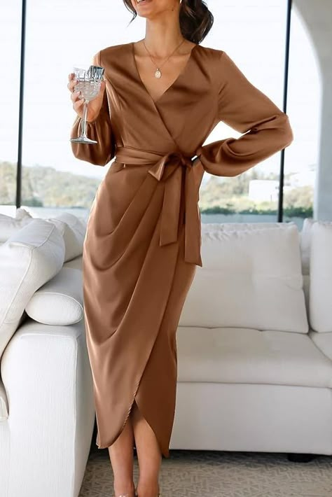 PRETTYGARDEN Women's Maxi Satin Puff Sleeve Wrap V Neck Ruched Belted Long Formal Cocktail Dresses Black Tea Length Dress, Brown Satin Dress, Maxi Satin Dress, Casual Bridesmaid Dresses, Long Sleeve Satin Dress, Mob Wife Aesthetic, Formal Cocktail Dresses, Wife Aesthetic, Dress Puff Sleeve