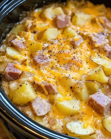 'Amish Hearth Casserole'—rich, creamy, and always leaves the house smelling divine. My neighbors always ask for the recipe after trying it! Potato Casserole Recipes Crockpot, Crockpot Recipes With Ham, Ham And Potato Casserole Crockpot, Crockpot Entrees, Potluck Casserole, Ham And Potato Recipes, Crockpot Ham And Potatoes, Ham And Potatoes, Ham Recipes Crockpot