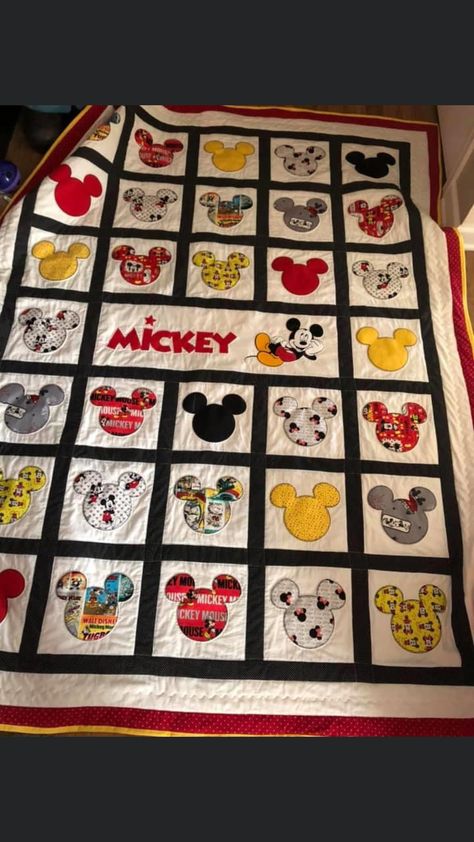 Mickey Mouse Sewing Projects, Disney Fabric Crafts, Disney Quilt Blocks, Disney Quilts Ideas Free Printable, Mickey Mouse Quilt Pattern, Mickey Mouse Quilt Ideas, Memory Blanket Ideas, Mickey Mouse Embroidery Designs, Disney Quilt Patterns